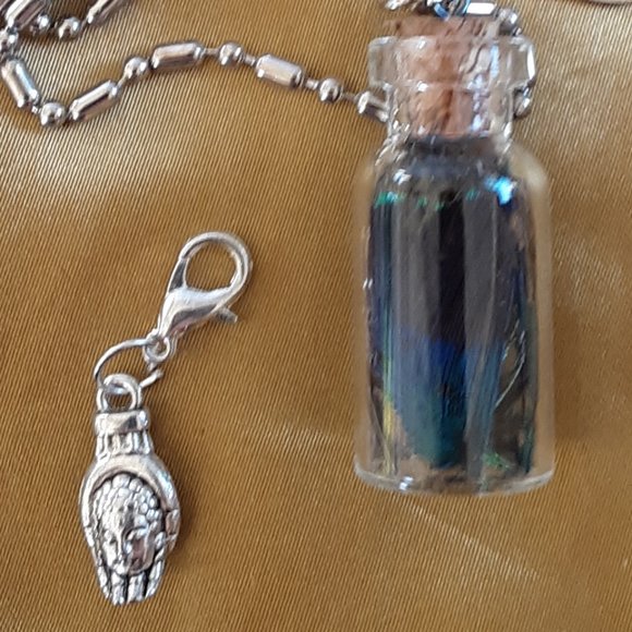 Peacock Feather Glass Bottle Necklace Buddha Hand Lotus Dream Zip Pull Handmade - Picture 10 of 15